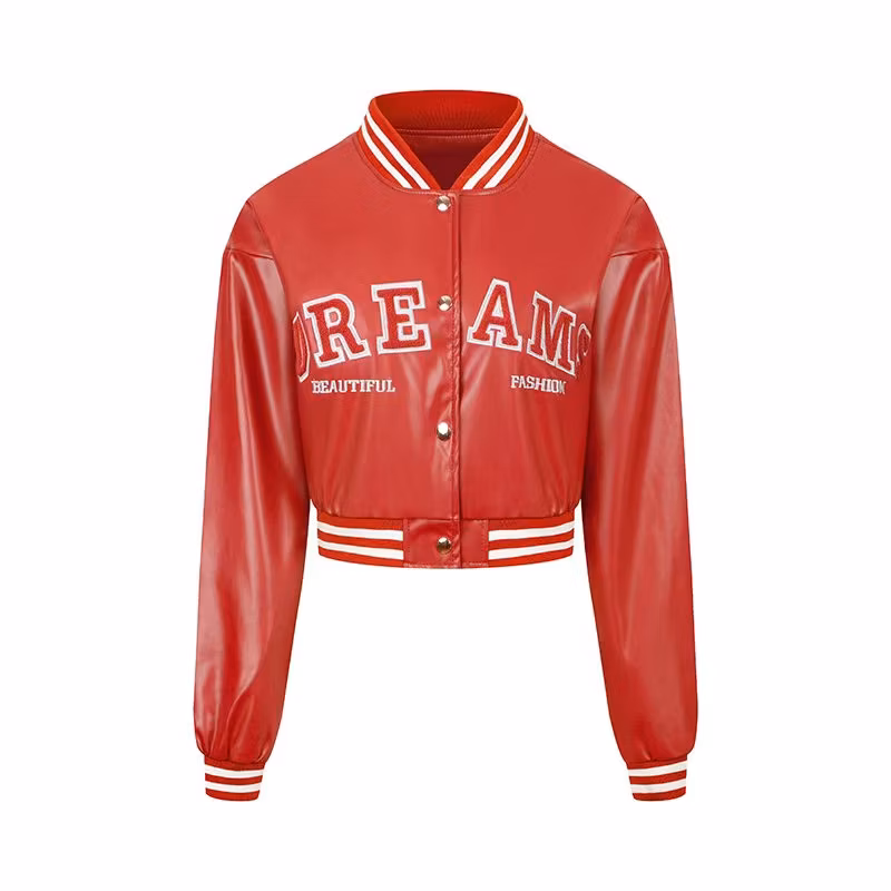 Women′s Leather Casual Jacket Windproof Spring and Autumn Jacket Women′s Motorcycle Jacket Baseball High-Waisted Embroidered Leather Jacket