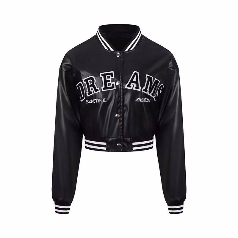 Women′s Leather Casual Jacket Windproof Spring and Autumn Jacket Women′s Motorcycle Jacket Baseball High-Waisted Embroidered Leather Jacket
