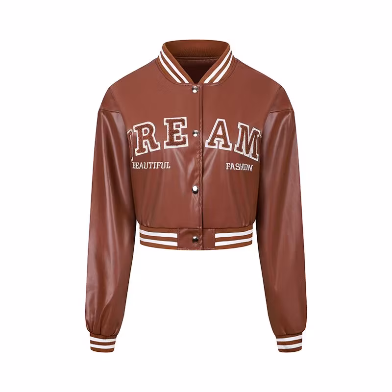 Women′s Leather Casual Jacket Windproof Spring and Autumn Jacket Women′s Motorcycle Jacket Baseball High-Waisted Embroidered Leather Jacket
