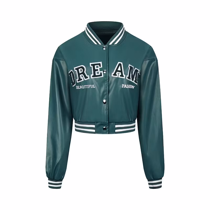Women′s Leather Casual Jacket Windproof Spring and Autumn Jacket Women′s Motorcycle Jacket Baseball High-Waisted Embroidered Leather Jacket