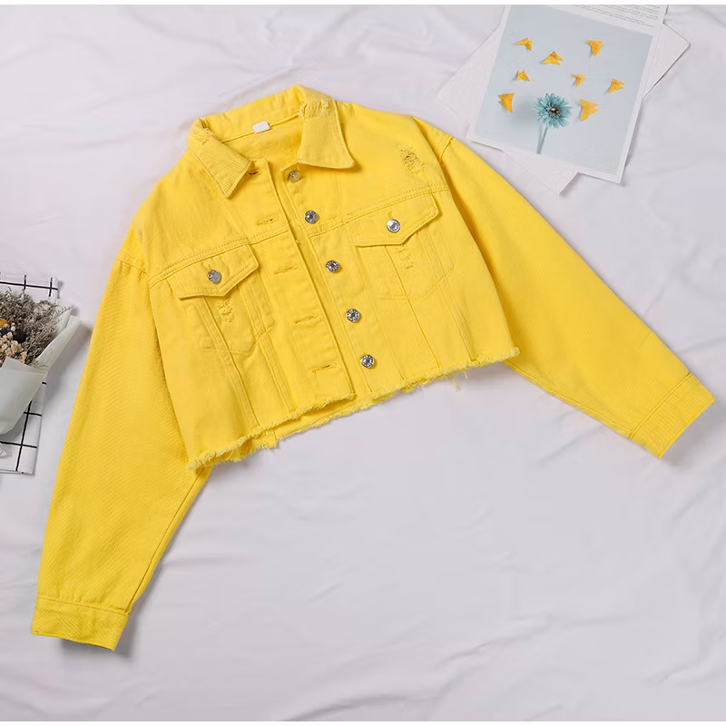 Women′s Cropped Jeans Jacket Denim Fringed Short Coats for Women Autumn Holes Vintage Casual Jackets