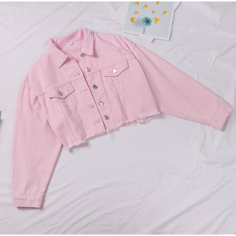 Women′s Cropped Jeans Jacket Denim Fringed Short Coats for Women Autumn Holes Vintage Casual Jackets