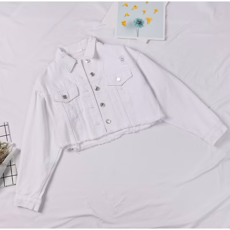 Women′s Cropped Jeans Jacket Denim Fringed Short Coats for Women Autumn Holes Vintage Casual Jackets