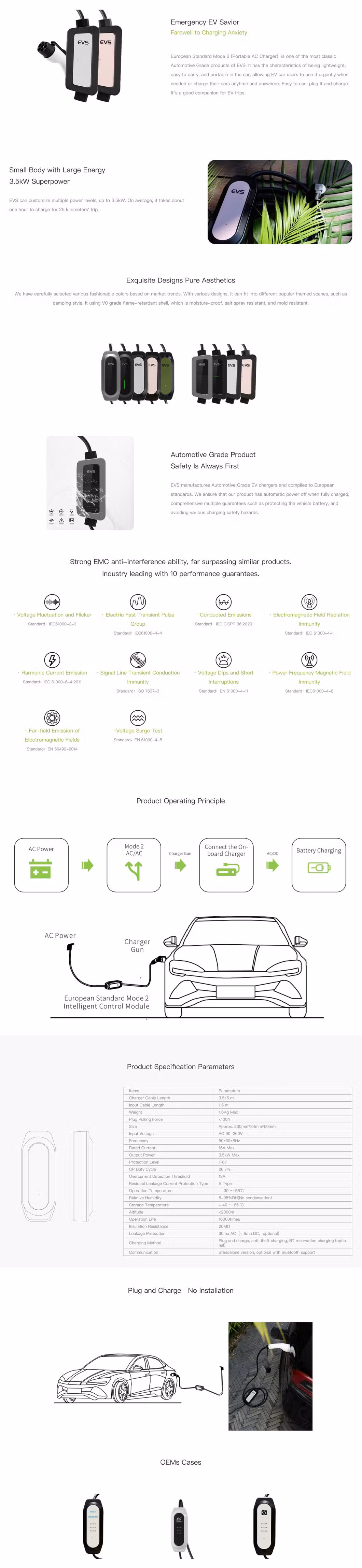 Evs AC 3.5m TPU Cable Home Electric Vehicle Portable Type II 3.5kw CE Car Charging Equipment