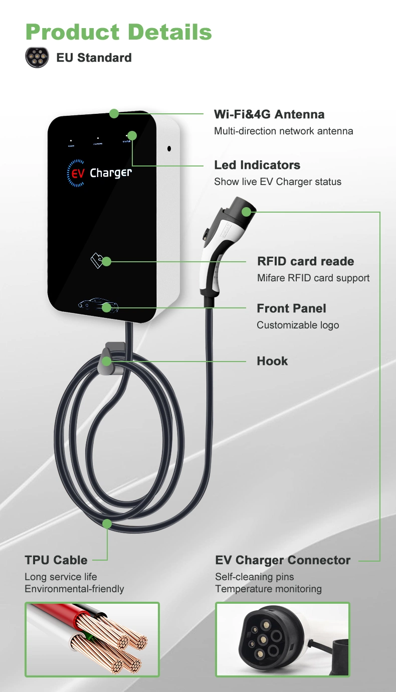 Business Ocpp Type2 7kw 11kw 22kw 16A 32A AC Charging Station for Electric Vehicles Wallbox EV Charger