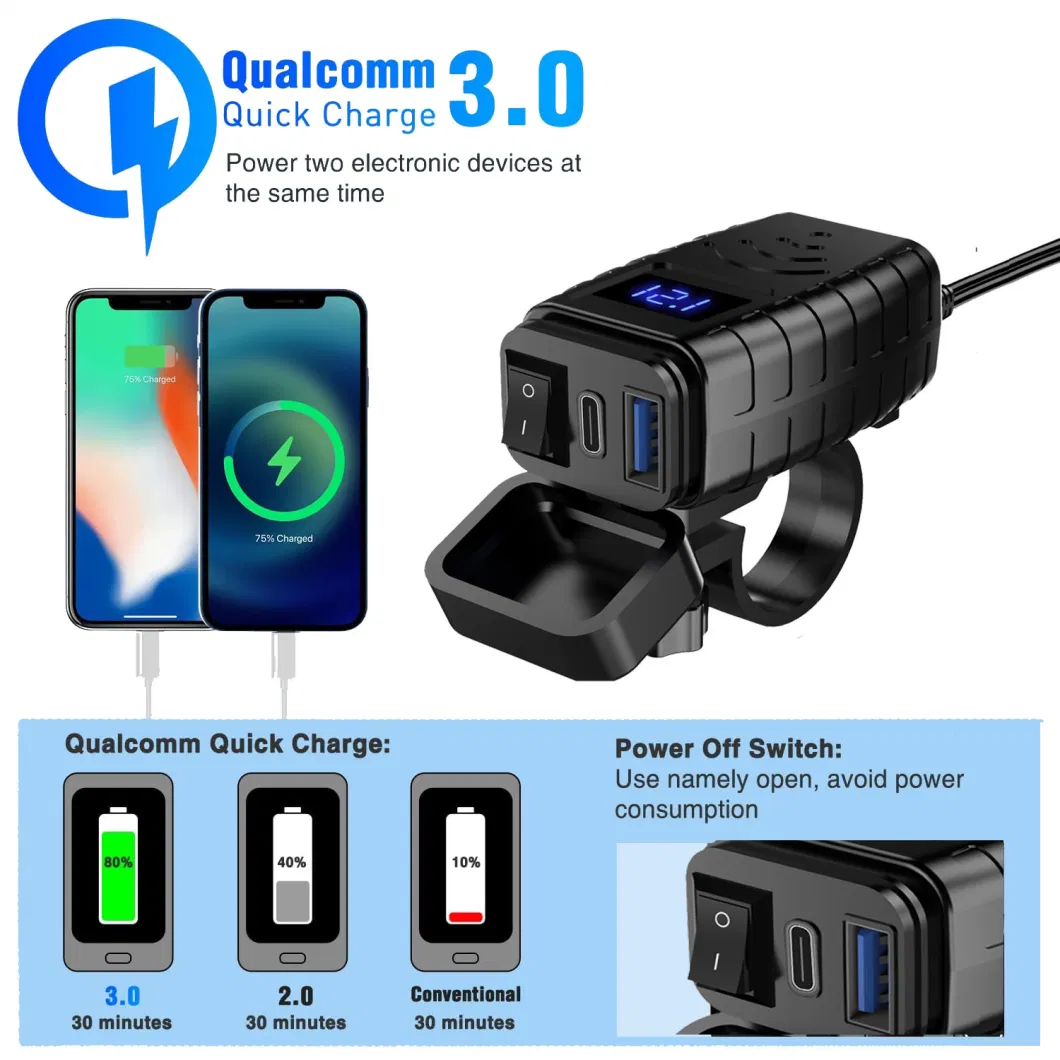 Motorcycle Phone USB Charger Adapter Dual USB Type C Pd Fast Electric Car Charger with Voltmeter &amp; on/off Switch Waterproof Motorcycle Accessories