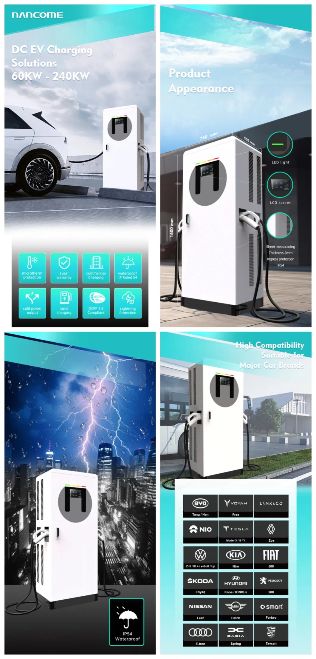 Nancome 60kw/120kw/160kw DC Fast EV Floor-Standing Solar Electric Vehicle Car Charger Station