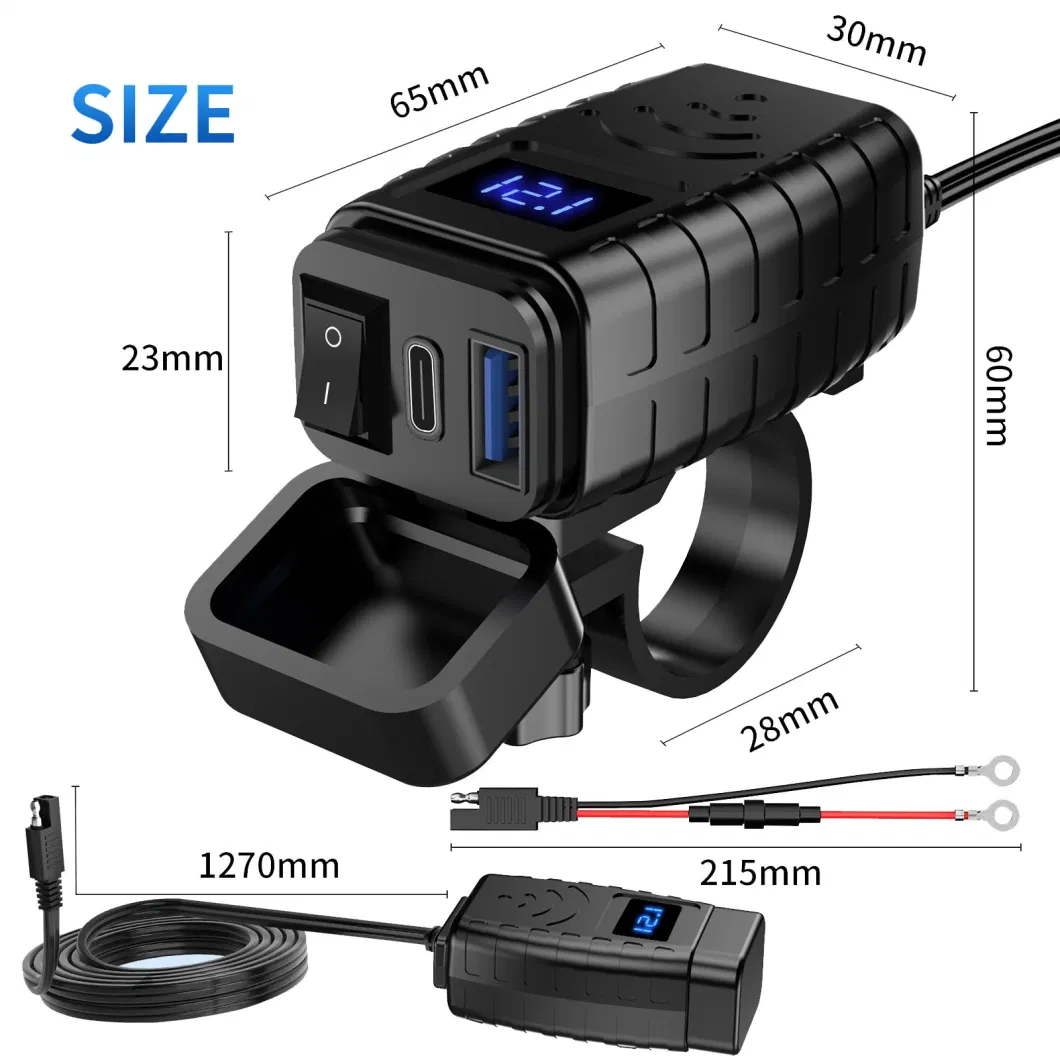 Motorcycle Phone USB Charger Adapter Dual USB Type C Pd Fast Electric Car Charger with Voltmeter &amp; on/off Switch Waterproof Motorcycle Accessories