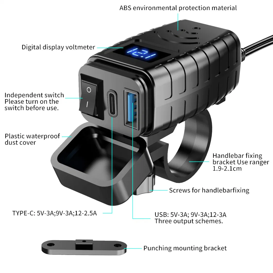 Motorcycle Phone USB Charger Adapter Dual USB Type C Pd Fast Electric Car Charger with Voltmeter &amp; on/off Switch Waterproof Motorcycle Accessories