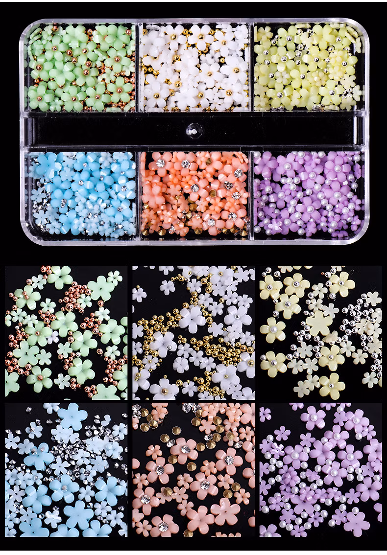 New Design 6 Grid Five Petal Resin Flower Mixed 3D Acrylic Flower Nail Charms for Nails Decoration