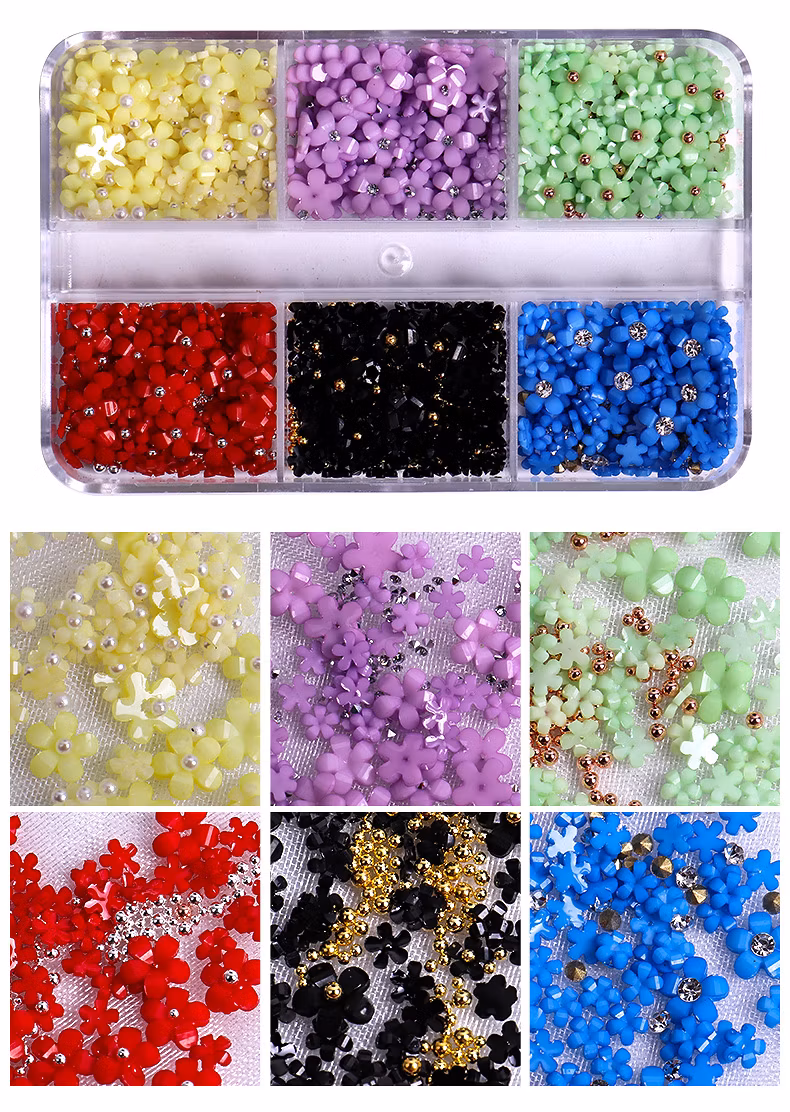 New Design 6 Grid Five Petal Resin Flower Mixed 3D Acrylic Flower Nail Charms for Nails Decoration