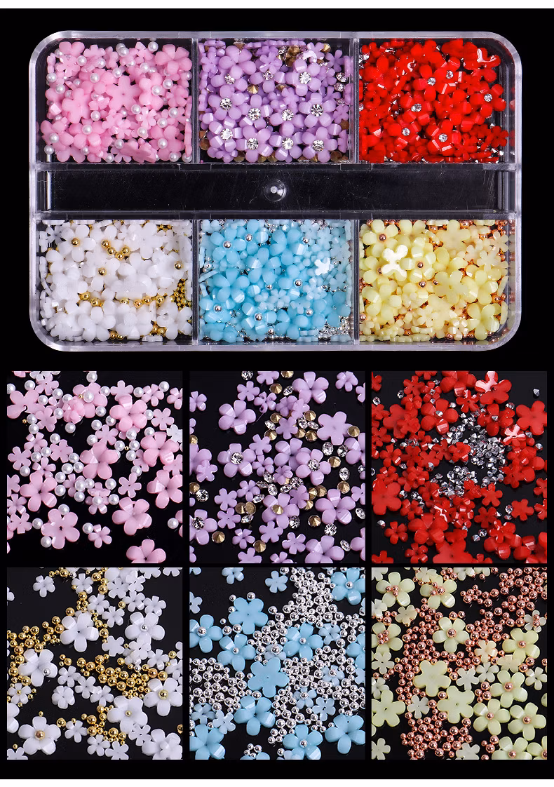 New Design 6 Grid Five Petal Resin Flower Mixed 3D Acrylic Flower Nail Charms for Nails Decoration