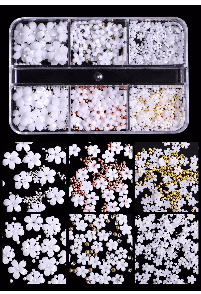 New Design 6 Grid Five Petal Resin Flower Mixed 3D Acrylic Flower Nail Charms for Nails Decoration