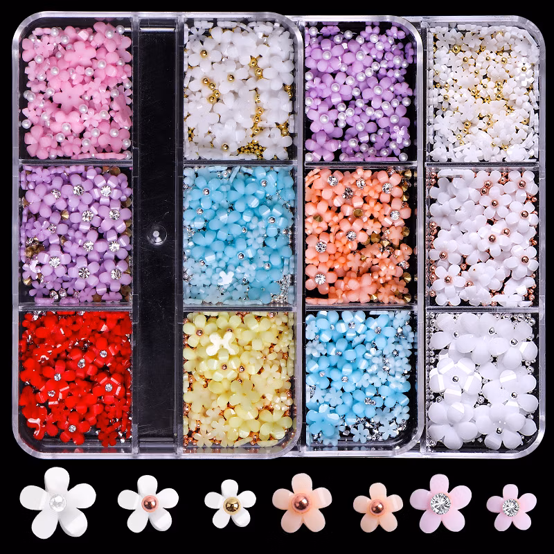New Design 6 Grid Five Petal Resin Flower Mixed 3D Acrylic Flower Nail Charms for Nails Decoration