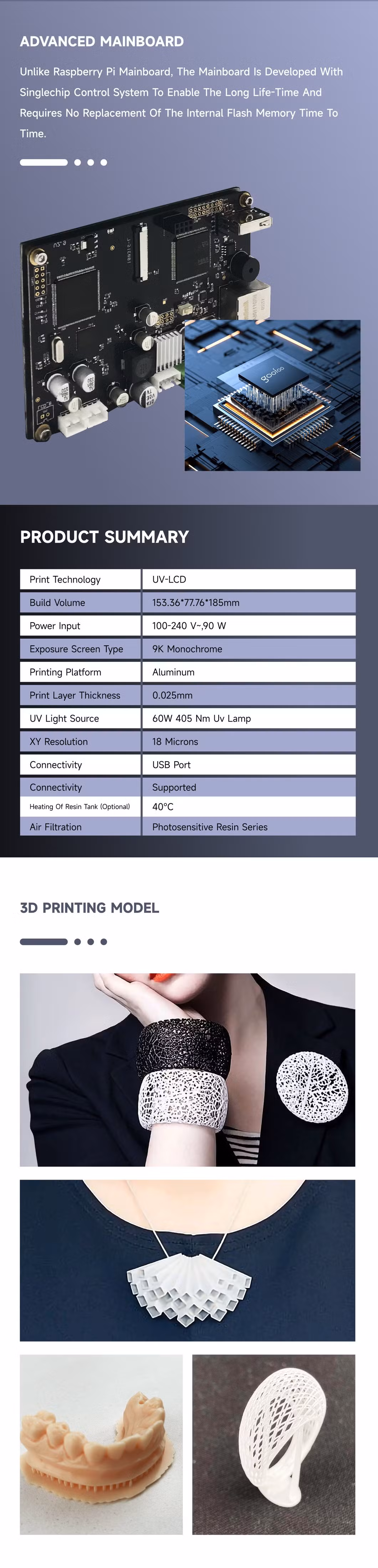 High Precision 3D Resin Printer UV Curing Printer Large Printing Size 153.36*77.76*185mm for Hospital Dental Resin Printers