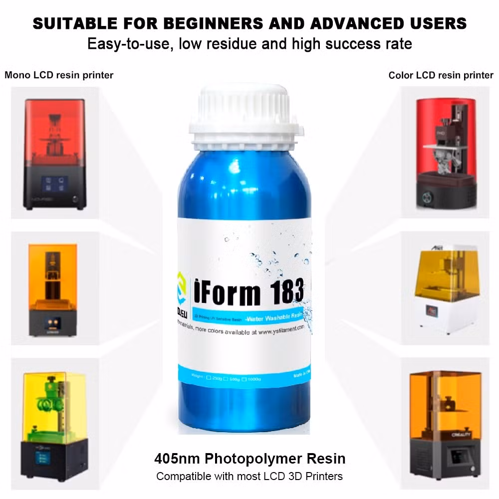 Popular Used 3D Printers Water Washable Resin LCD Standard Photopolymer for 405nm UV Curing Light High Resolution &amp; Reliable 3D Printing Resin 1000g