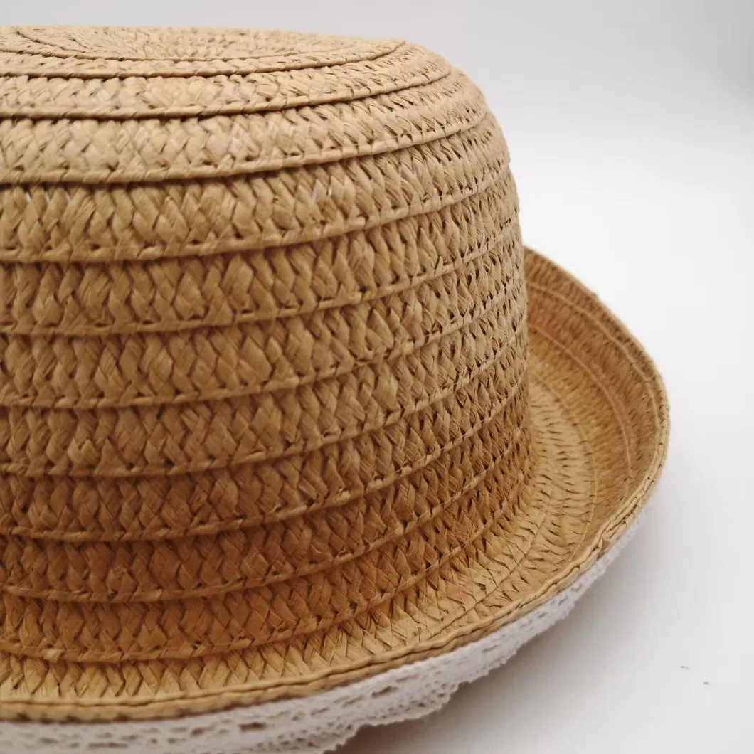 Summer Fashion Plain Lace Brim Flat Top Straw Hat