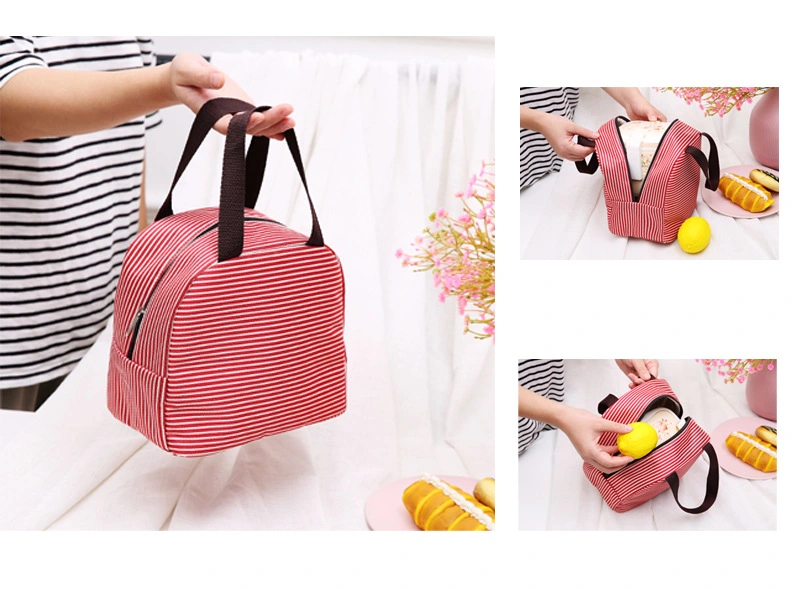 Custom Logo Portable Office Worker Aluminum Foil Horizontal Stripe Leak-Proof Kid Tote Waterproof Oil-Proof Thick Polyester Oxford Cloth Picnic Lunch Cooler Bag