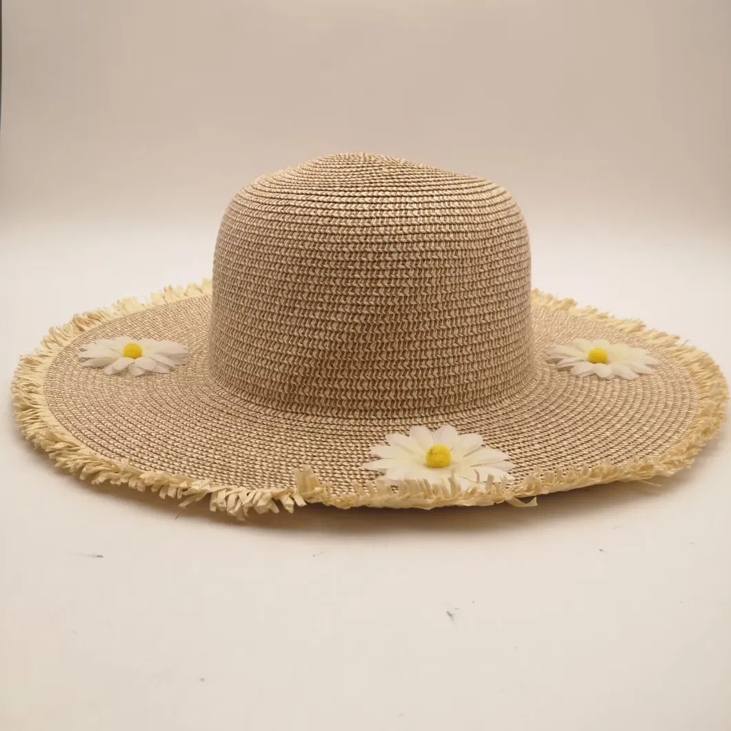 Women&prime;s Cap Summer Casual Wide Brim Plus Floral Decorations Straw Hat