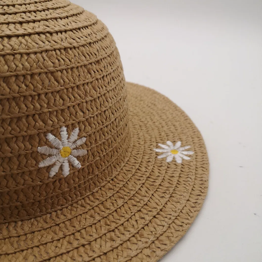 Women&prime;s Cap Spring and Summer Casual Embroidery Round Top Straw Hat