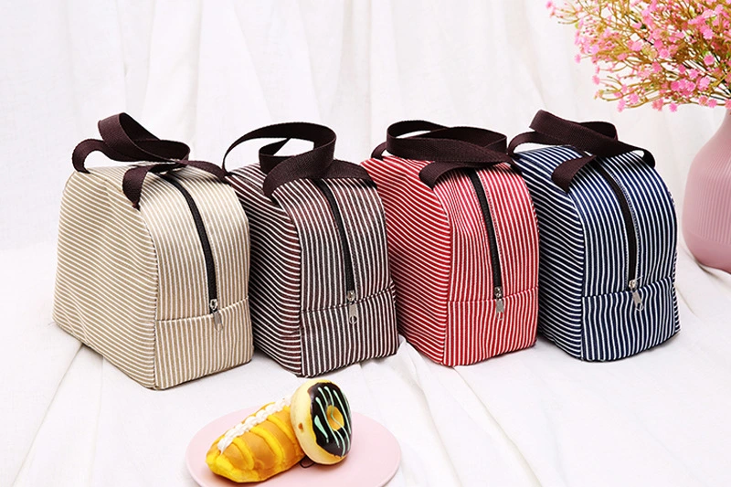 Custom Logo Portable Office Worker Aluminum Foil Horizontal Stripe Leak-Proof Kid Tote Waterproof Oil-Proof Thick Polyester Oxford Cloth Picnic Lunch Cooler Bag