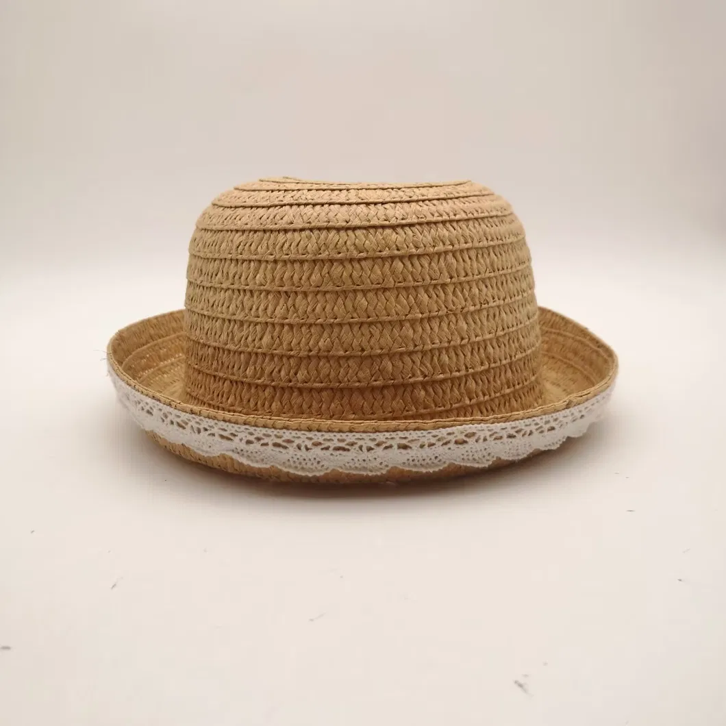 Summer Fashion Plain Lace Brim Flat Top Straw Hat