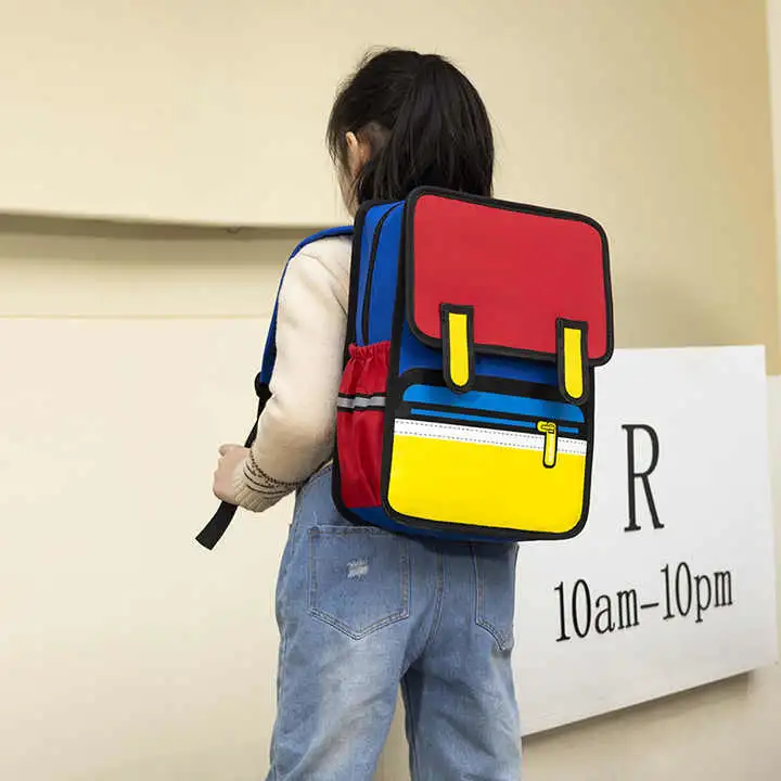 Boys Girls Kids Cartoon Bags 2D 3D Drawing Student Backpack