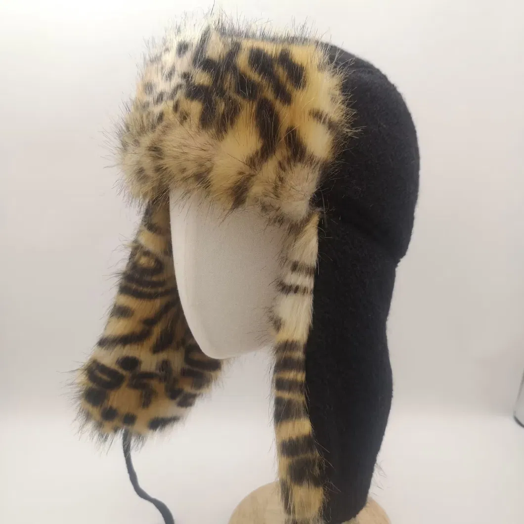 Winter Cap Warm Black Leopard Fur Lining Wool Trapper Hat