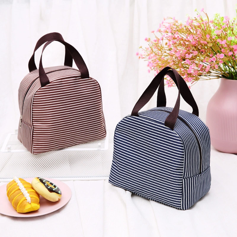 Custom Logo Portable Office Worker Aluminum Foil Horizontal Stripe Leak-Proof Kid Tote Waterproof Oil-Proof Thick Polyester Oxford Cloth Picnic Lunch Cooler Bag