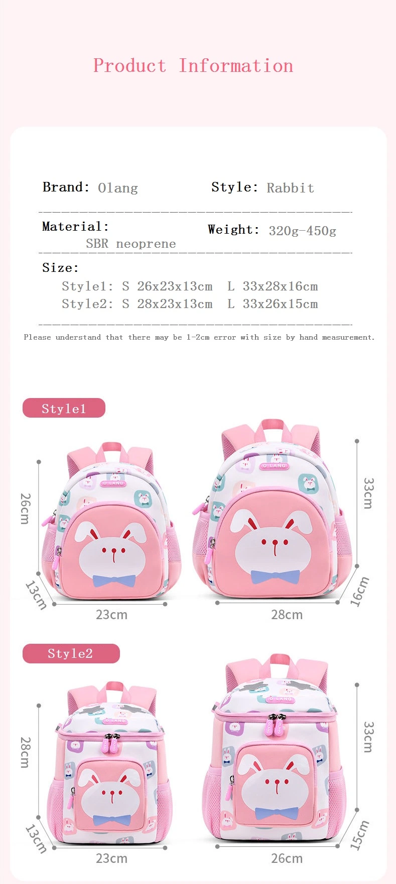 Factory Newest Designs Fashion Neoprene Toddle Bag Anti-Lost Animal Cartoon Cute Outdoor Children Backpack