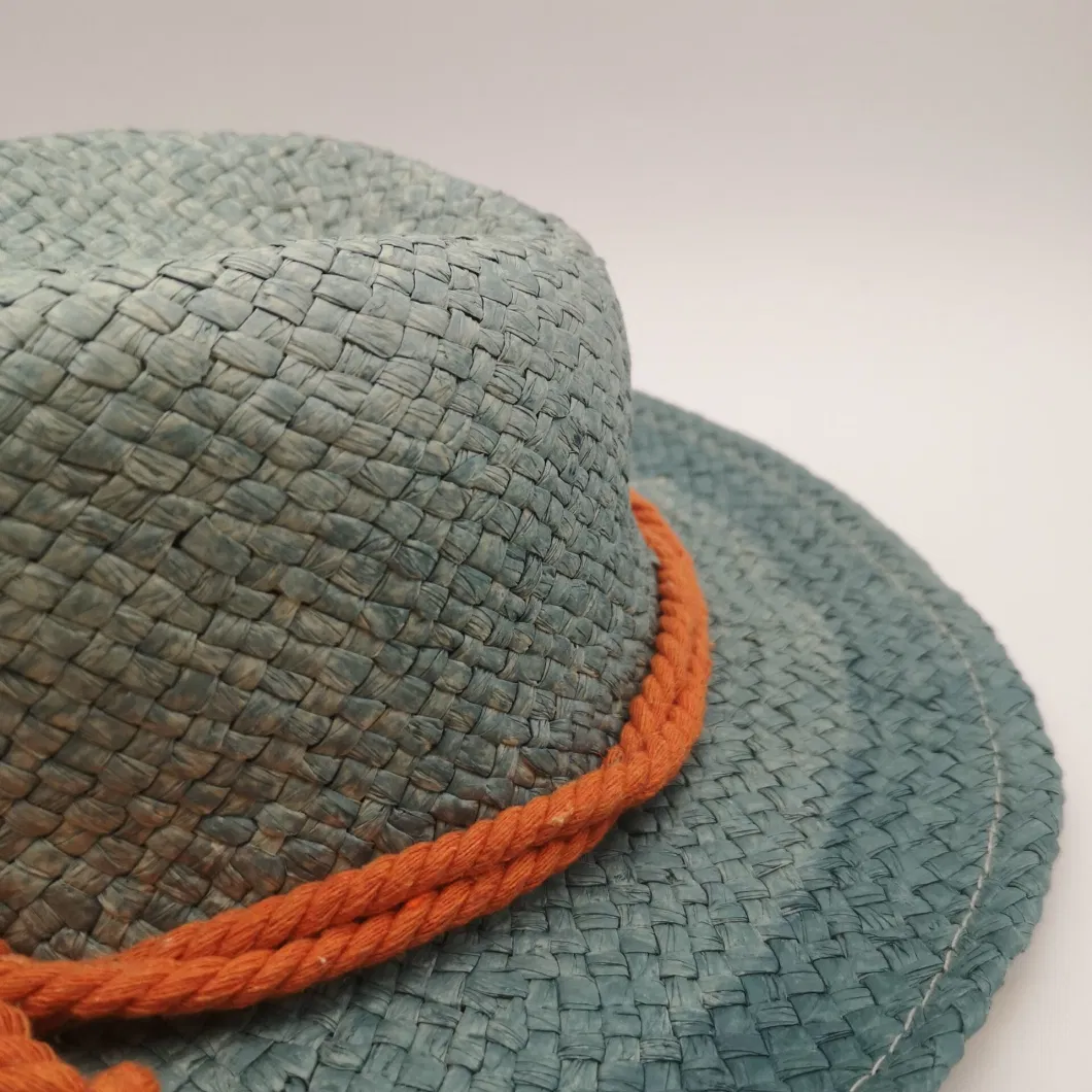 Women&prime;s Cap Summer Casual Gradient Blue Plus Orange Twine Decoration Straw Hat