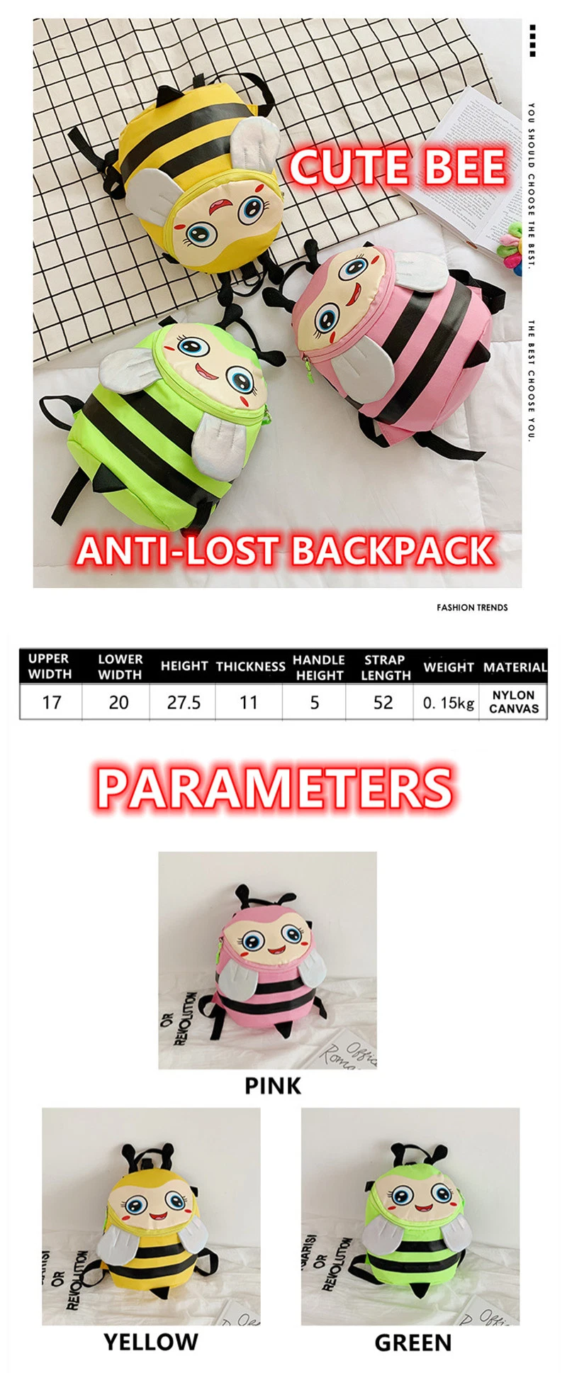 Anti Lost Cartoon Bee Animal Child Bags Kids Backpacks with Safety Leash