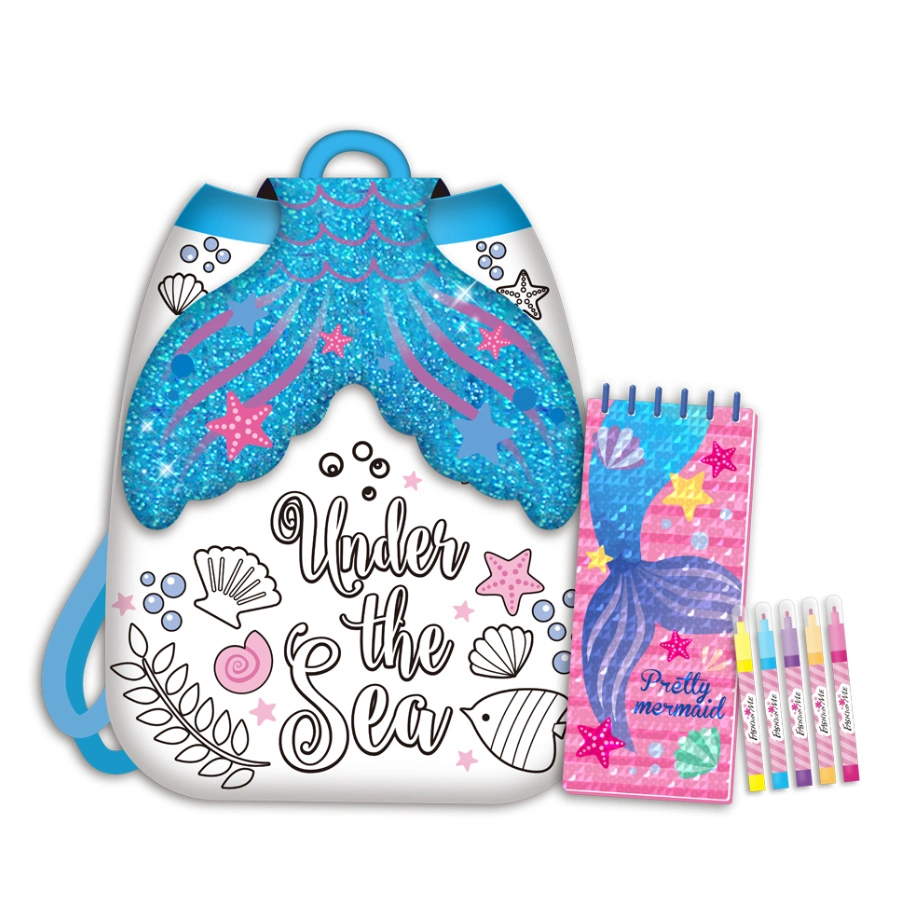 Fashion Mermaid Tail Princess Shining Glitter Colorful Flap Bag Backpack for Kids Drawing Doodle Set