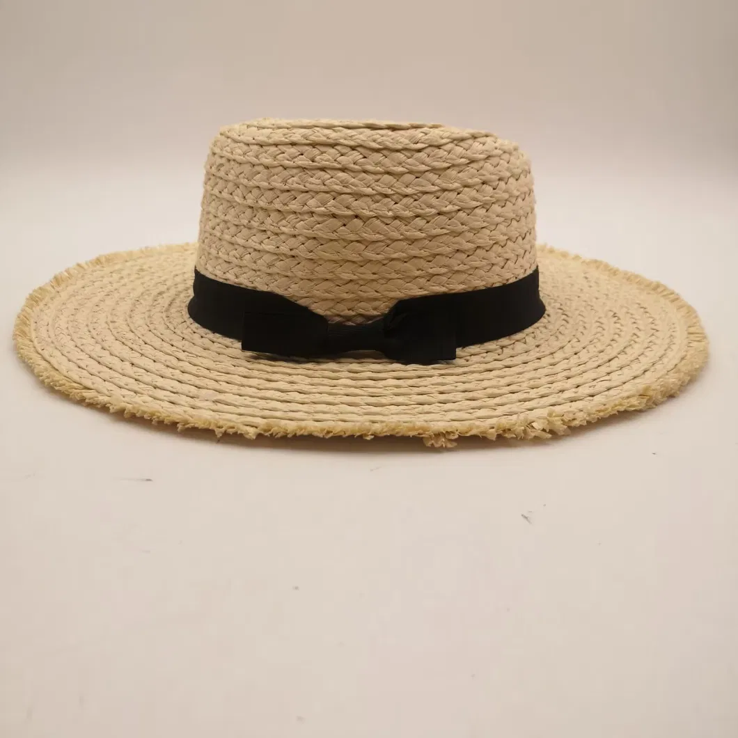 Women&prime;s Cap Summer Wide Brim Plus Polyester Fabric Strip Edging Straw Hat