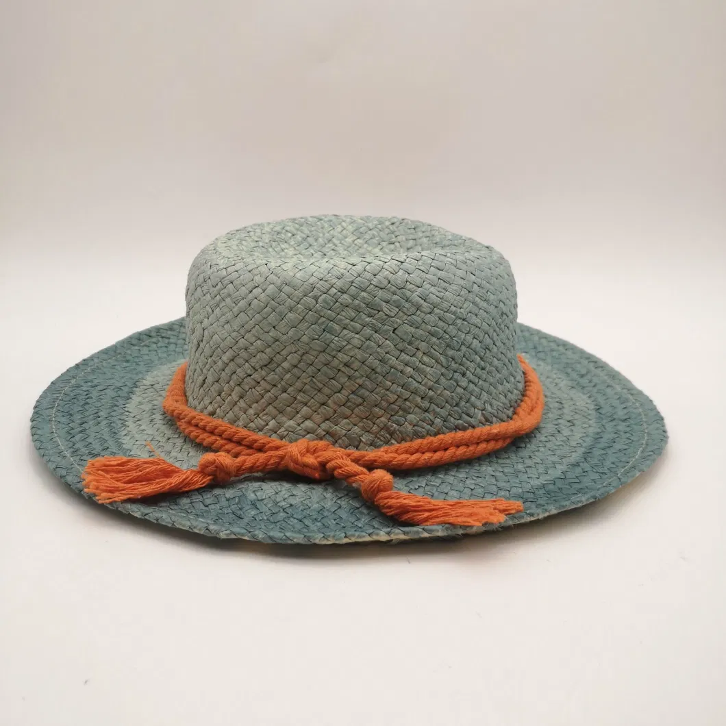 Women&prime;s Cap Summer Casual Gradient Blue Plus Orange Twine Decoration Straw Hat