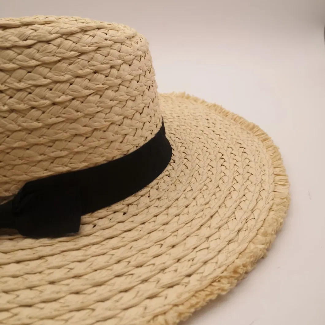 Women&prime;s Cap Summer Wide Brim Plus Polyester Fabric Strip Edging Straw Hat