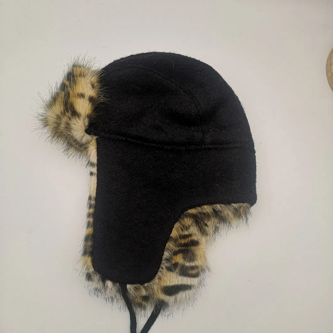 Winter Cap Warm Black Leopard Fur Lining Wool Trapper Hat