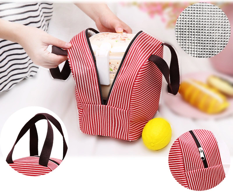 Custom Logo Portable Office Worker Aluminum Foil Horizontal Stripe Leak-Proof Kid Tote Waterproof Oil-Proof Thick Polyester Oxford Cloth Picnic Lunch Cooler Bag