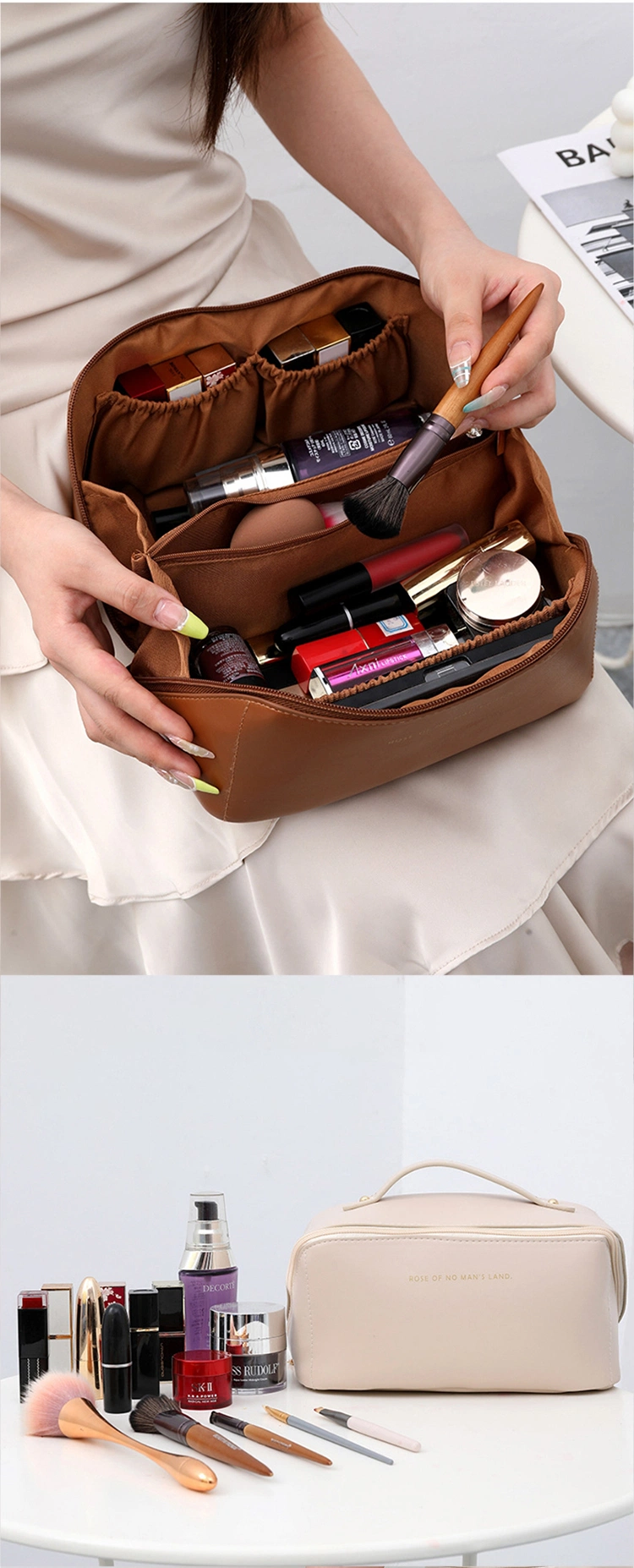 Custom Cheap Portable Travel Leather Upgraded PU Waterproof Toiletry Makeup Beauty Cosmetic Bag