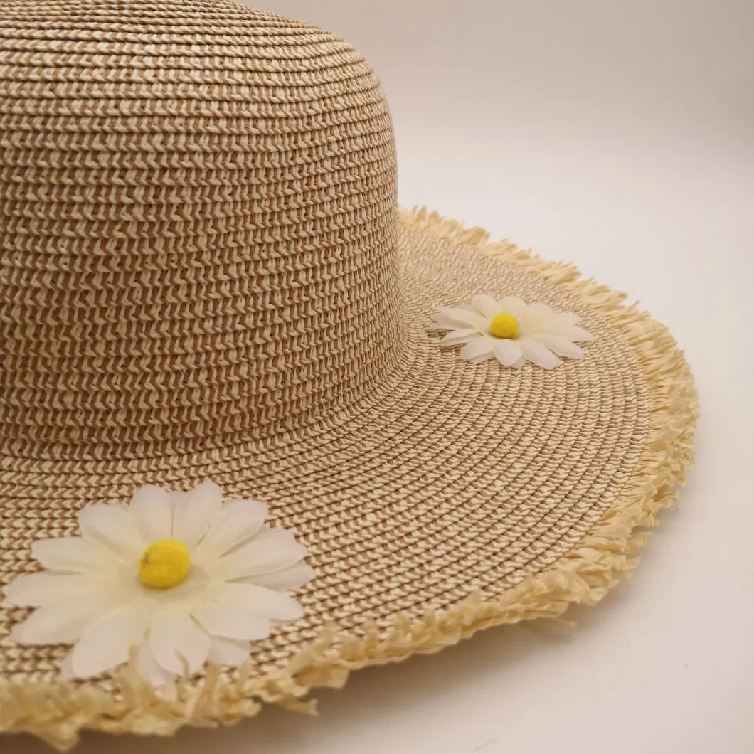 Women&prime;s Cap Summer Casual Wide Brim Plus Floral Decorations Straw Hat