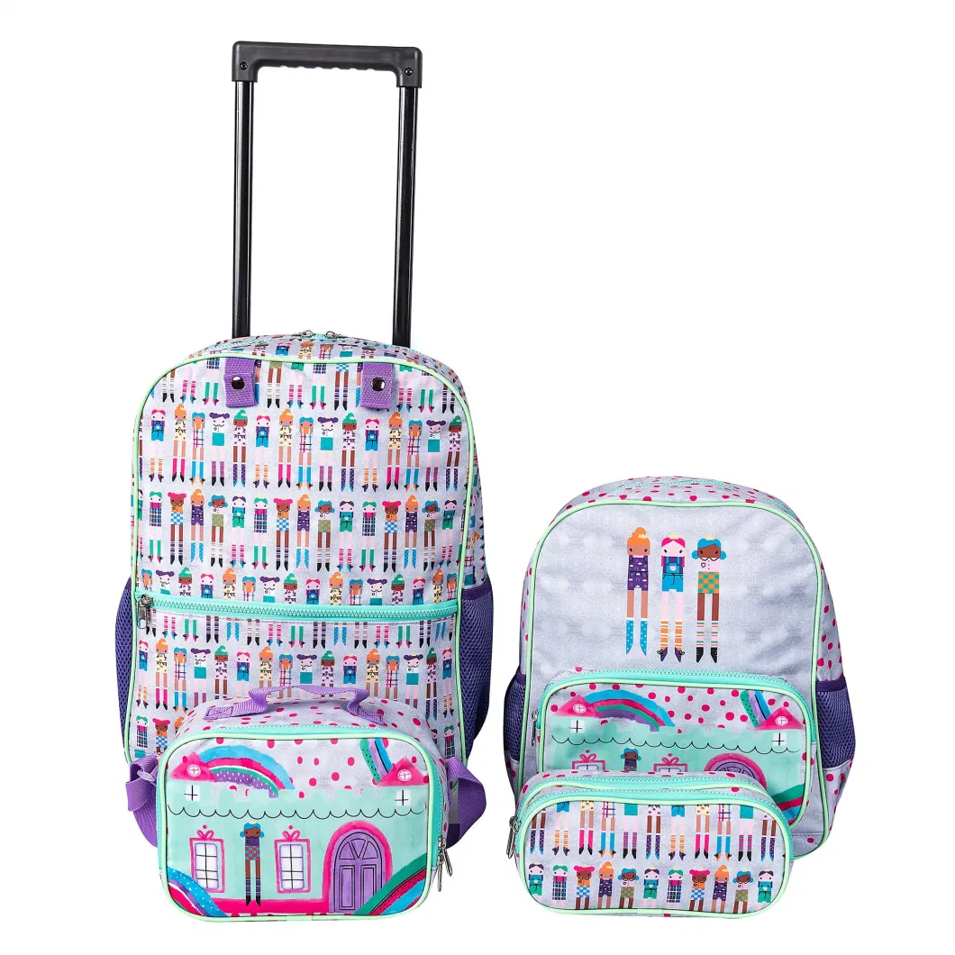 Multi-Use Carry on School Bags Wheeled Backpack Set Removable Hand Trolley Luggage Backpack Bag with Allover Full Print