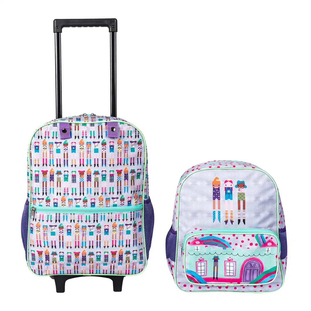 Multi-Use Carry on School Bags Wheeled Backpack Set Removable Hand Trolley Luggage Backpack Bag with Allover Full Print