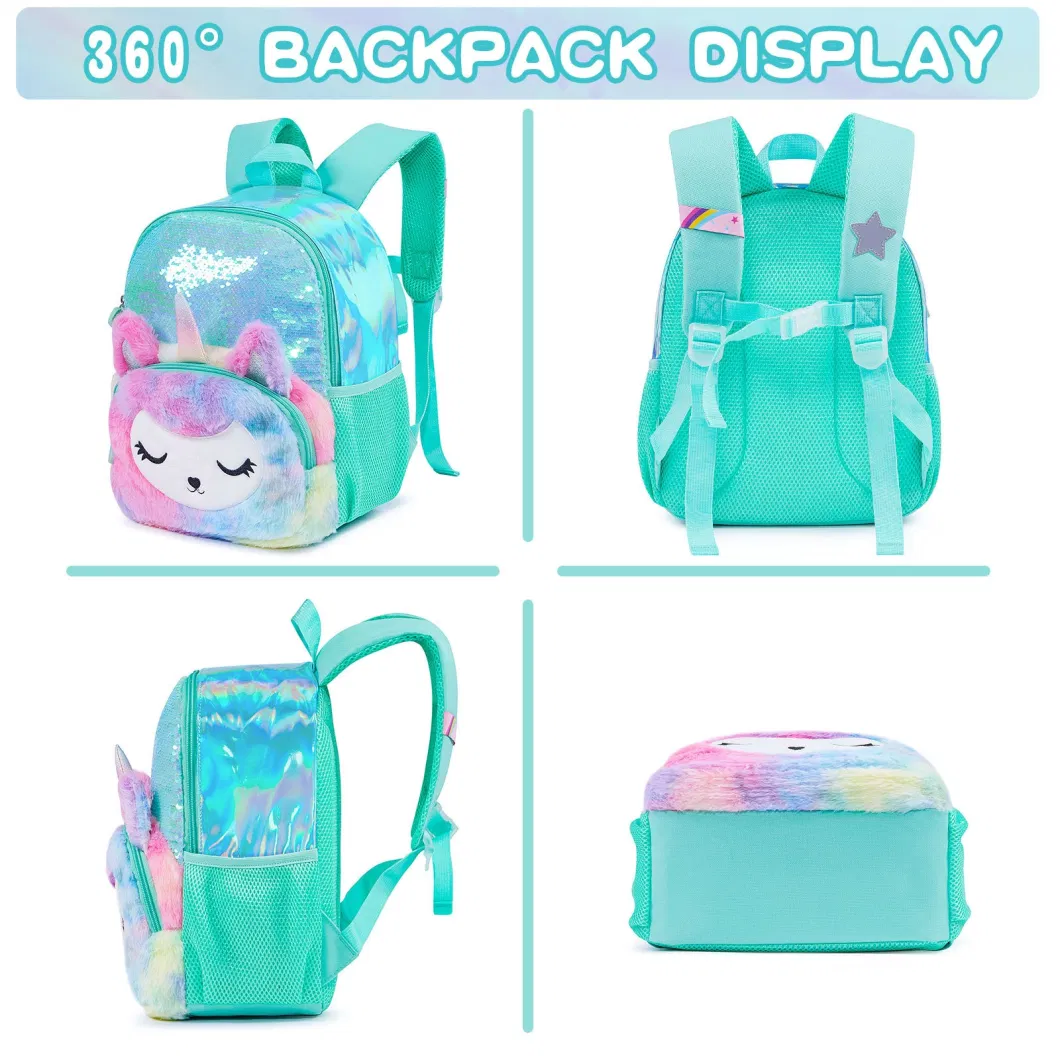 Kindergarten Children&prime;s Plush 3D Unicorn Anti-Lost Small Backpack Girls Sequin School Backpack