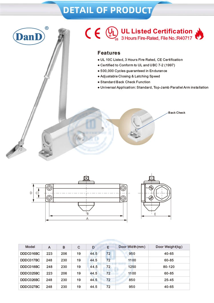 UL Listed Aluminum Alloy Best 180 Degree Automatic Hydraulic Fire Rated Back Check Concealed Overhead Quiet Hold Open Residential CE Door Closer Manufacturers