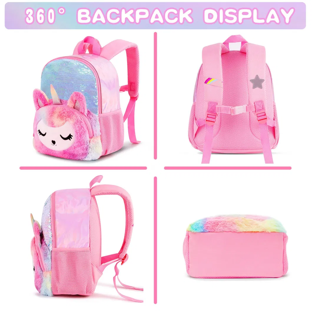 Kindergarten Children&prime;s Plush 3D Unicorn Anti-Lost Small Backpack Girls Sequin School Backpack