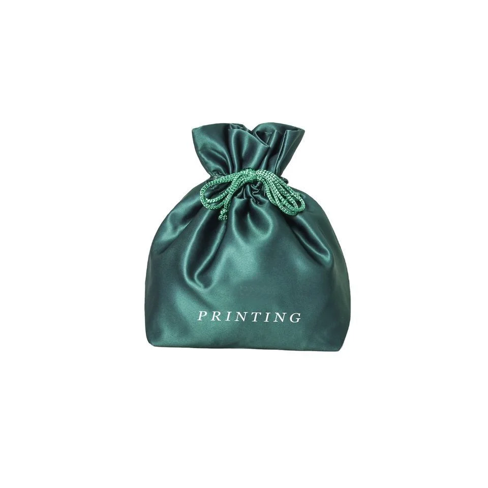 Custom Logo Printed Underwear Lingerie Dust Gift Packaging Pouch Drawstring Soft Green Satin Silk Hair Dryer Bag for Beauty