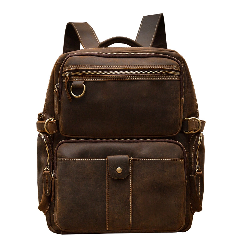 (WD12428) Handmade Crazy Horse Leather Men&prime;s Backpack 2023 New Fashion Personality Leather Wide Shoulder Belt Travel Cowhide Backpack