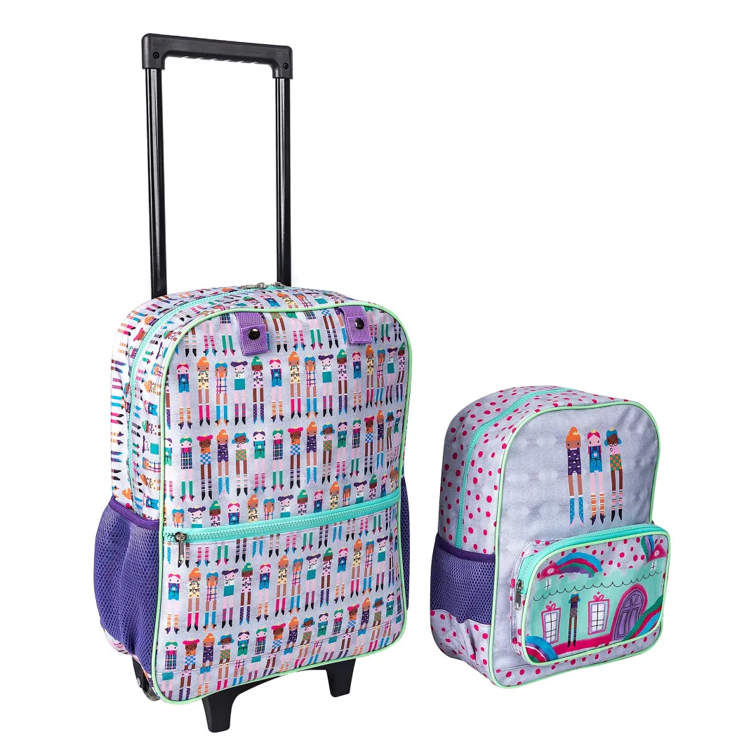 Multi-Use Carry on School Bags Wheeled Backpack Set Removable Hand Trolley Luggage Backpack Bag with Allover Full Print