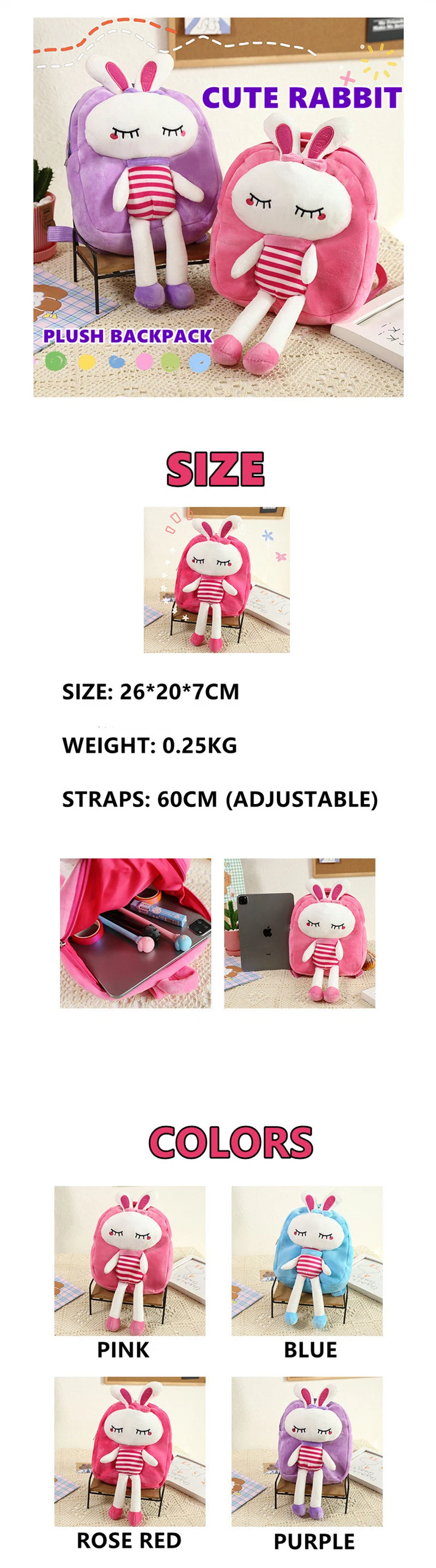 Princess Style Girls Gift Cute Kawaii Animal Backpack Rabbit Plush Backpacks