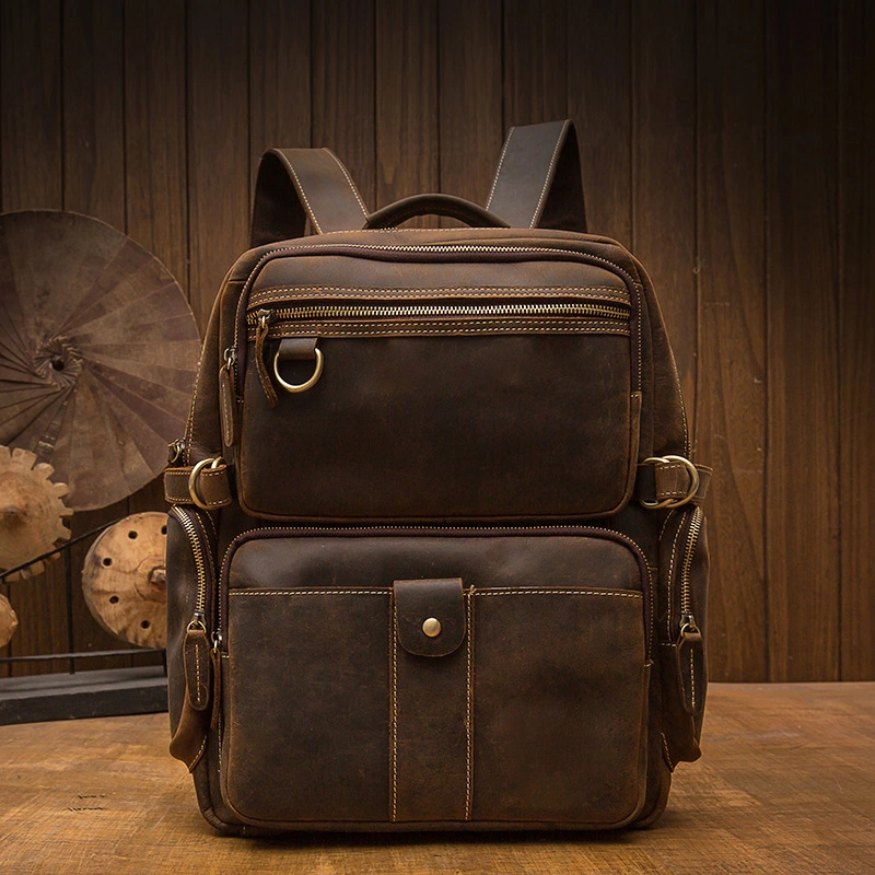 (WD12428) Handmade Crazy Horse Leather Men&prime;s Backpack 2023 New Fashion Personality Leather Wide Shoulder Belt Travel Cowhide Backpack